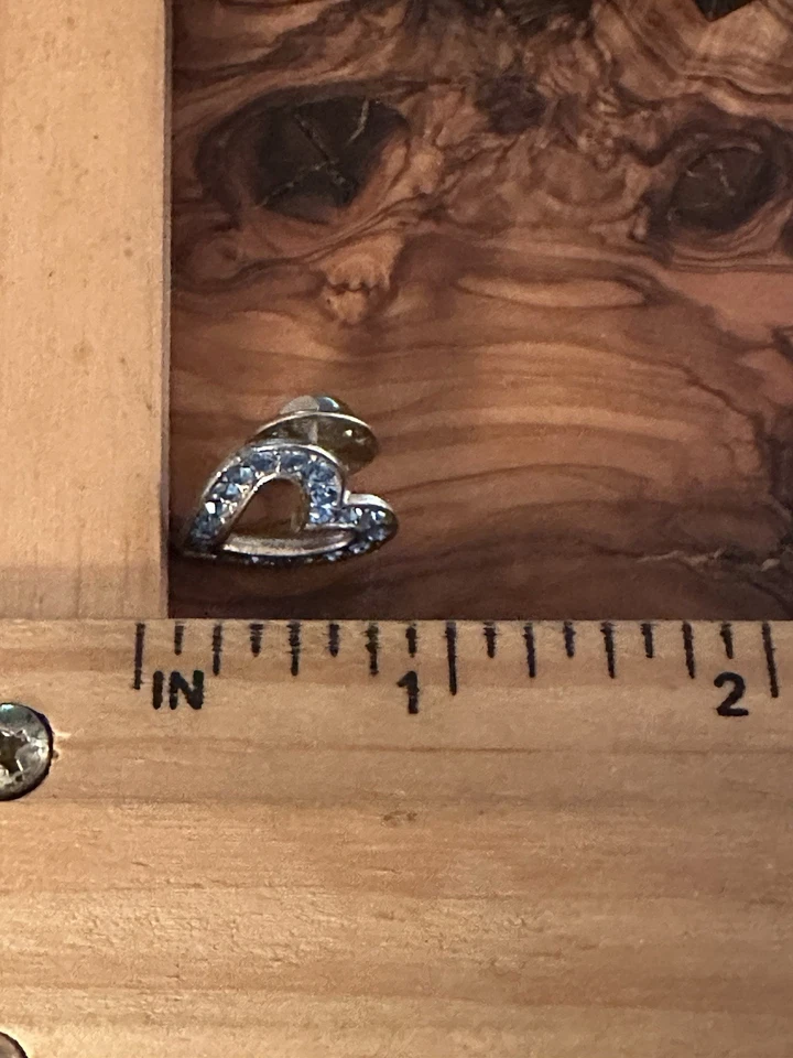 Vintage Heart Silver Tone Blue Rhinestone Lapel Pin Tie Tack - Image 3 of 4