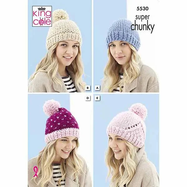 King Cole Super Chunky Knitting Pattern 5530 Hat and Scarf 5 Designs