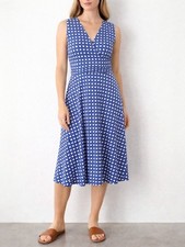 Leota Cindy Lattice Print Midi Dress Size Large Blue Ruched Waist Stretch V Neck