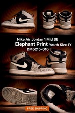 Nike Air Jordan 1 Mid SE Elephant Print Youth 1Y Black Gray White Sneaker