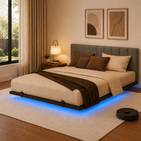 Behost Full Size Floating Upholstered Bed Frame with LED Lights and Built-in Charging Station