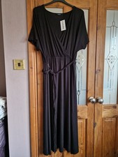 BNWT VERY Ladies Black V Neck Wrap Effect Belted Jersey Maxi Dress Size 18