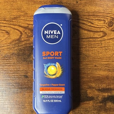 NIVEA Men Sport 3-in-1 Body Wash Tangerine + Pepper, Vegan, Vit E 16.9