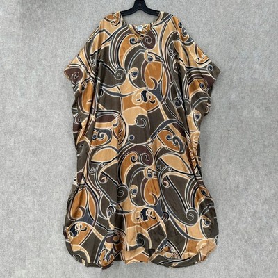 Sante Classics Satin Kaftan Dress One Size Brown Tan Swirl Print Lagenlook