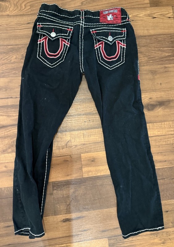 True Religion Men's Jeans Rope Stitch 36x34 Black Denim White And Red Stitch