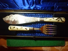 Cased Solid Silver Fish Servers,With MOP Handles & Shibayama Insects 1899
