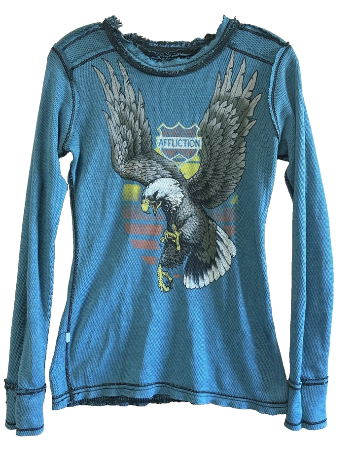 Affliction Reversible Women's Thermal Shirt Size Small Blue Long Sleeve Vintage - Изображение 2 из 4
