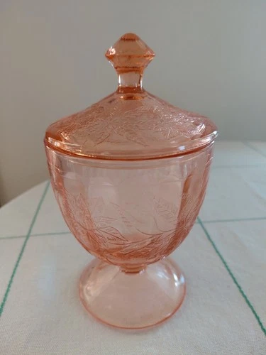 Vintage pink depression glass candy dish with a lid by Jeanette Glass Co.
