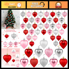 48 Pcs Valentine's Day Heart Ornaments - Red Pink Silver Tree Decorations for We