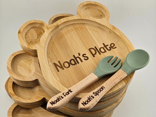 Personalised Bamboo Childrens Dining Set Plate Fork & Spoon - Baby Weaning Set