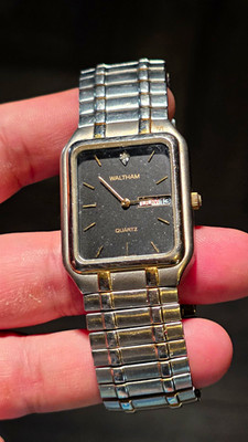 Waltham WME13 Quartz Day/Date Rectangle Black Dial Silver Bracelet Men's