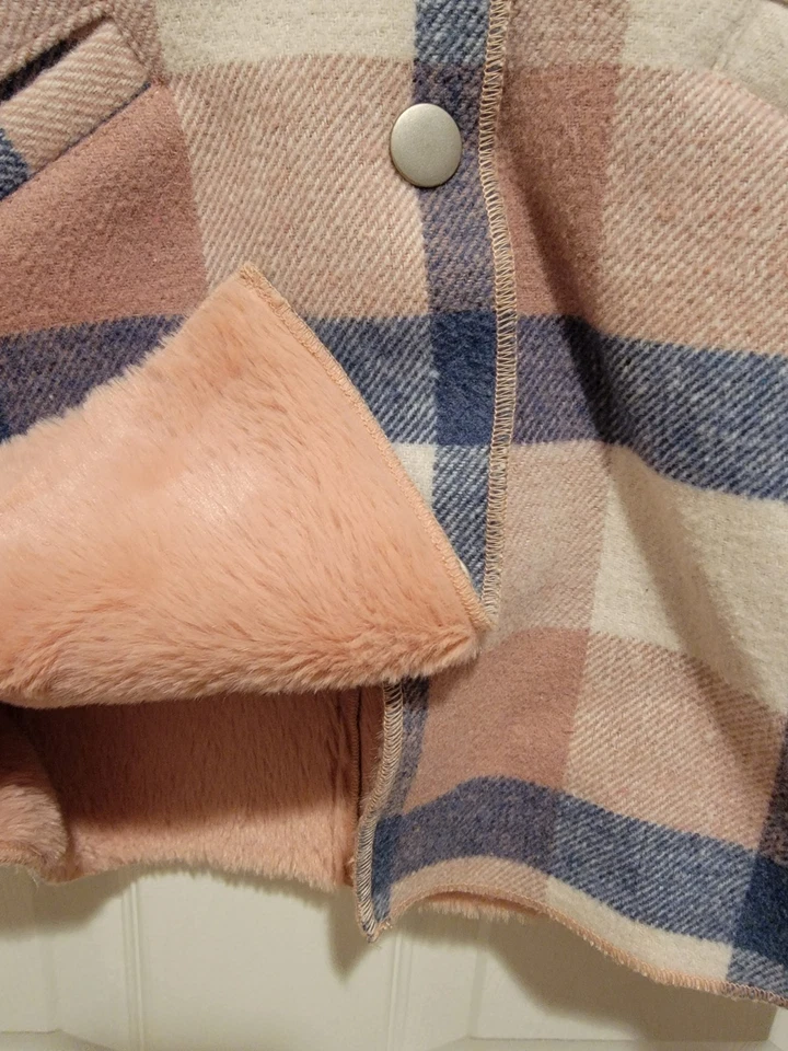 Girls Pink and Blue Plaid Hooded Coat by Mayoral, UK Faux Pink Fur Lining Sz 7 - Image 3 of 4