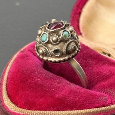 Antique Silver Garnet Turquoise Dome Ring . Austro Hungarian Ring . Antique Jew