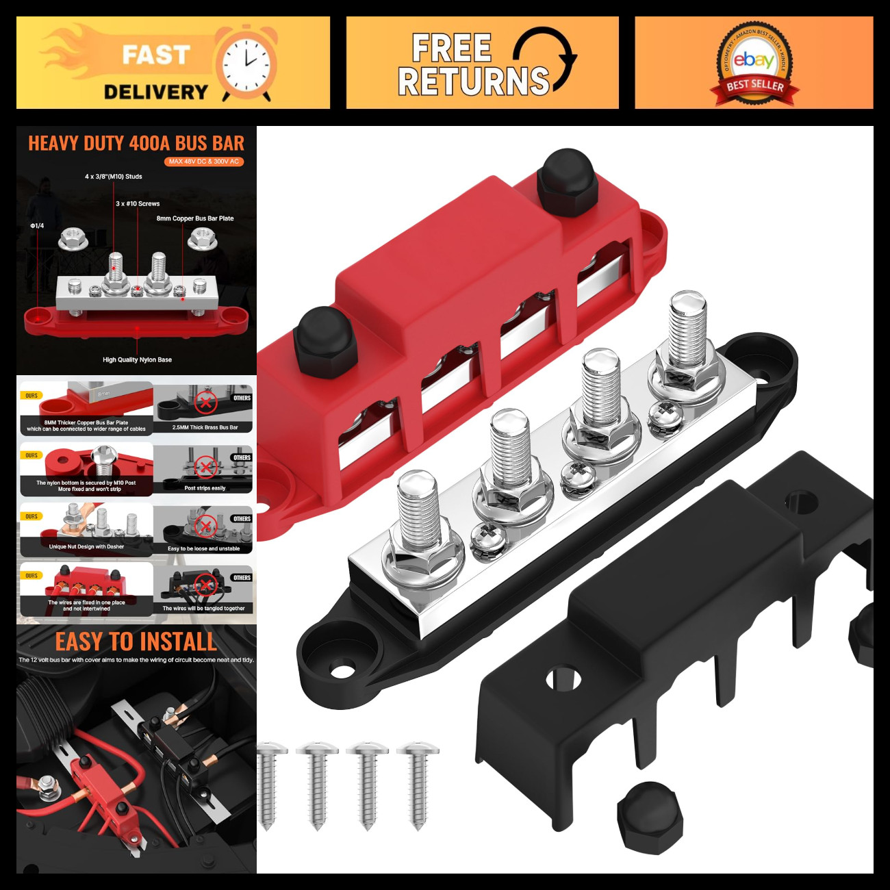 400A Bus Bar 12V Power Distribution Block - 4 x 3/8" Studs for Marine, RV, Solar