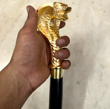 Shiny Brass Finish Cobra Snake Head Metal Handle Walking Stick Wooden Shaft Cane