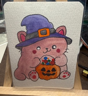 ACEO Handmade Original OOAK Signed (Not a Print) Nom-Nom Cat Halloween character