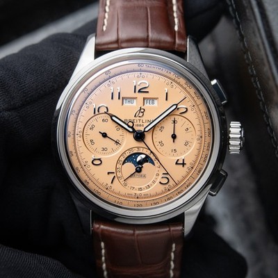 Breitling Premier B25 Datora Moonphase Annual Calendar Chronograph Salmon Watch