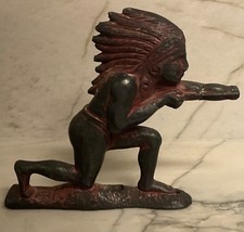Antique Cast Iron Native American Indian Figure; Headress; Bow and Arrow