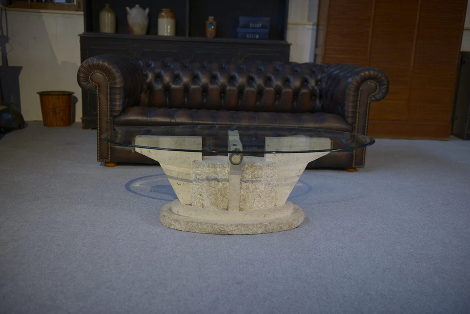 Table basse ovale vintage résine imitation travertin 1970's - Photo 2/4