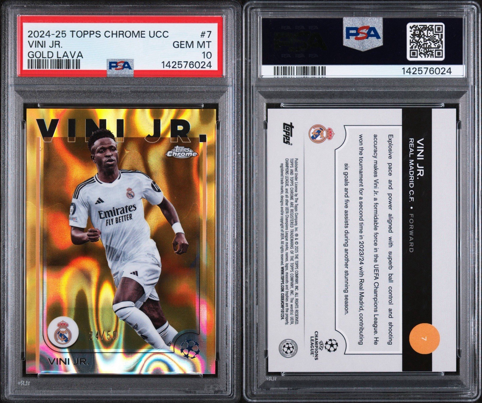 2024-25 Topps Chrome UEFA UCC Vini Jr #7 Gold Lava #/50 PSA 10 GEM MINT 💎 POP 2 view 3