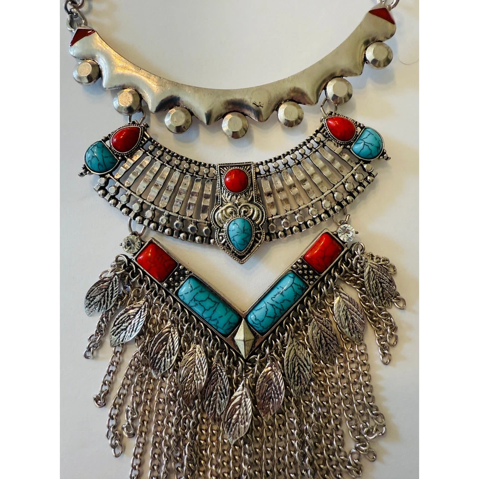 Collar Bohemio Tono Plata Distintivo Turquesa Rojo Gema Colgante Flecos Foto 4 de 4