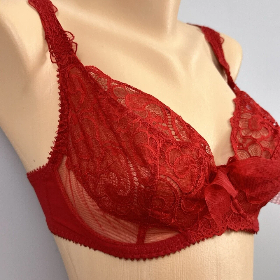 Sujetador con aros rojo Maison Lejaby Elixir Theodora 3 partes talla 32E G71333 encaje EE. UU. Foto 4 de 4
