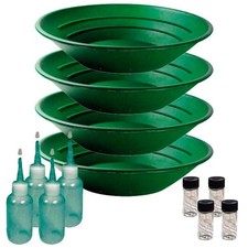 Sluice Monkey 4 10" PANNING Gold Pans - Green 4 3oz Sniffer Bottles and 4