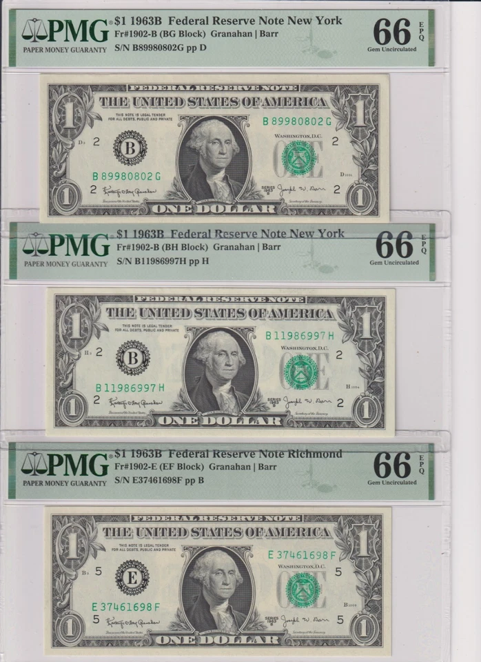 Nine (9) PMG 66EPQ 1963B BARR STD DISTRICT SET Fr 1902-B,G,E,J,L SUPERB GEM CU - Image 3 of 4
