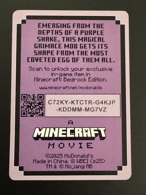 graded mcdonalds minecraft cards Minecraft Grimace Egg Exclusive Trading Card McDonald's A Minecraft Movie  2025
