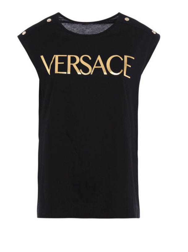 VERSACE Gold Logo Print Black Tank Tee Top w/ Button Details - Size 40 US 4