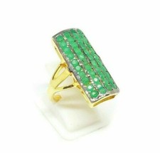 Vintage 18K Or Rond Naturel Forme Vert Émeraude 925 Argent Sterling Hommes Bague