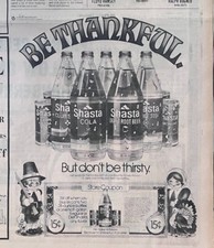 1974 newspaper ad for Shasta Soda - Be Thankful not thirsty, Thanksgiving ad