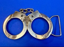 Police Handcuffs with Chain Interlocked Silver Tone Novelty Cutout Belt Buckle