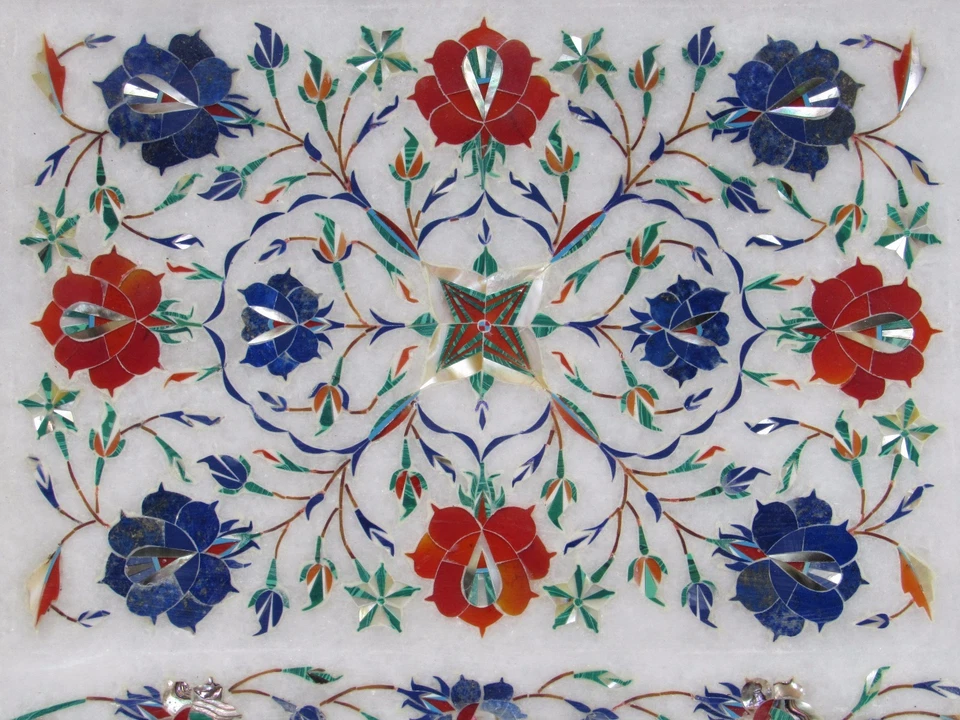 Bandeja de mármol decorativa mogol incrustación arte gres hecha a mano Foto 2 de 4