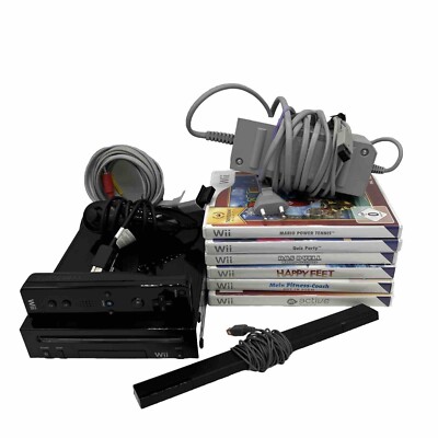 Nintendo Wii Konsole RVL101 Schwarz Kontroller Nunchuck + 6 Spiele - Mario