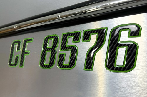 Boat Registration Stickers - Domed Carbon Fiber Numbers with Green Trim - Picture 1 of 6