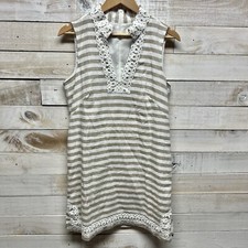 Eliza J Dress Womens 10 Beige White Linen Cotton Sleeveless Stripe Embroidered