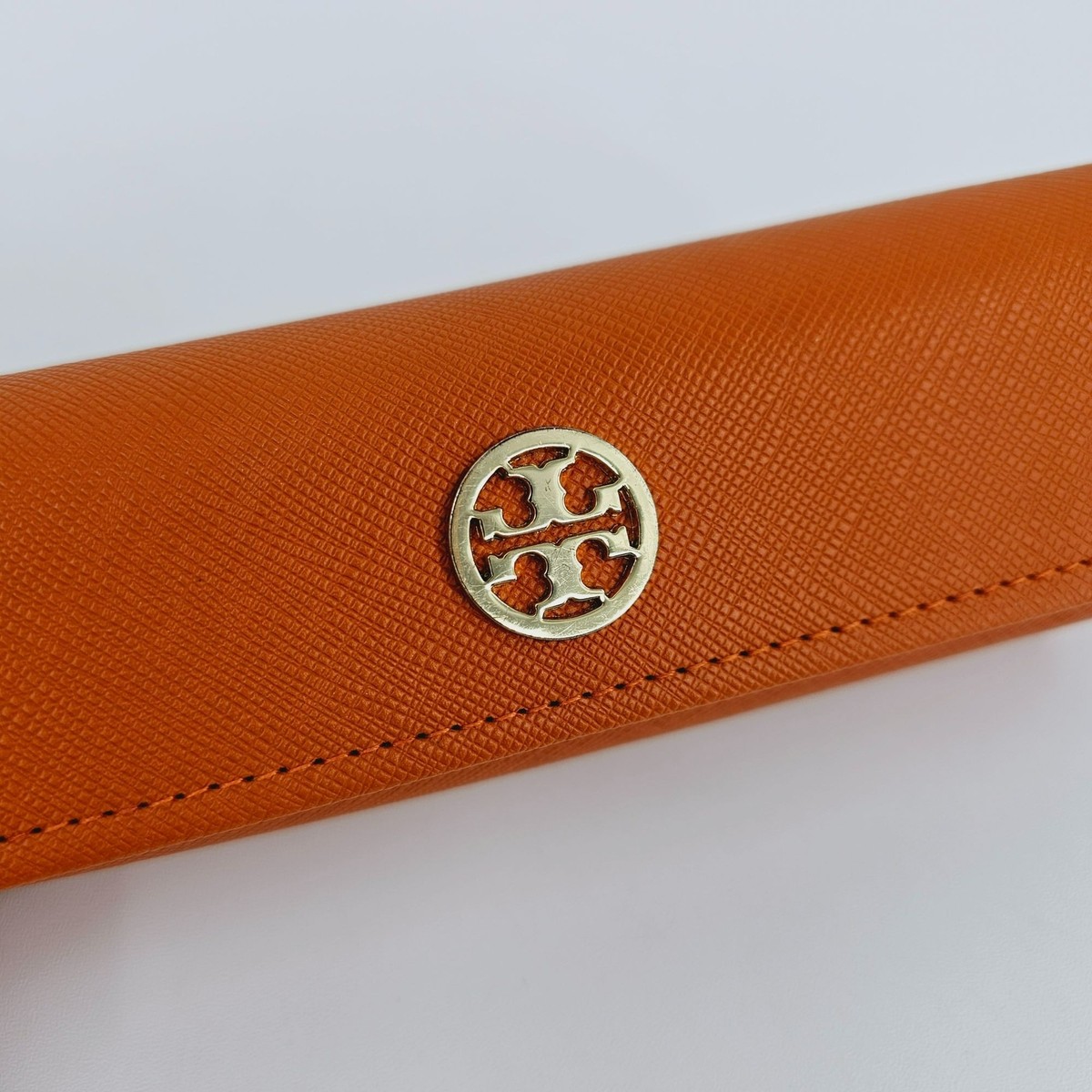 Tory Burch Glasses Case Orange Saffiano Leather Gold Metal 