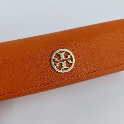 Tory Burch Glasses Case Orange Saffiano Leather Gold Metal 