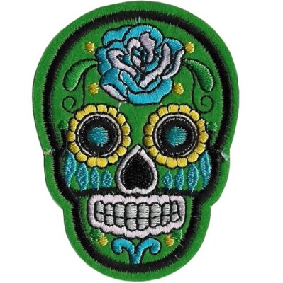Grüner mexikanischer Tag der Toten Sugar Skull Bügelbild gestickter Aufnäher - SALE!