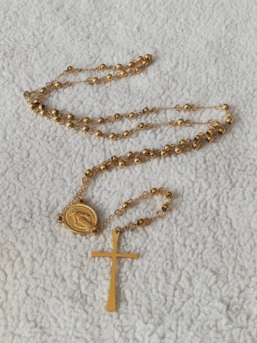 Stainless Steel 18" Beaded Rosary VIRGIN MARY JESUS CROSS Golden New - Picture 5 of 7