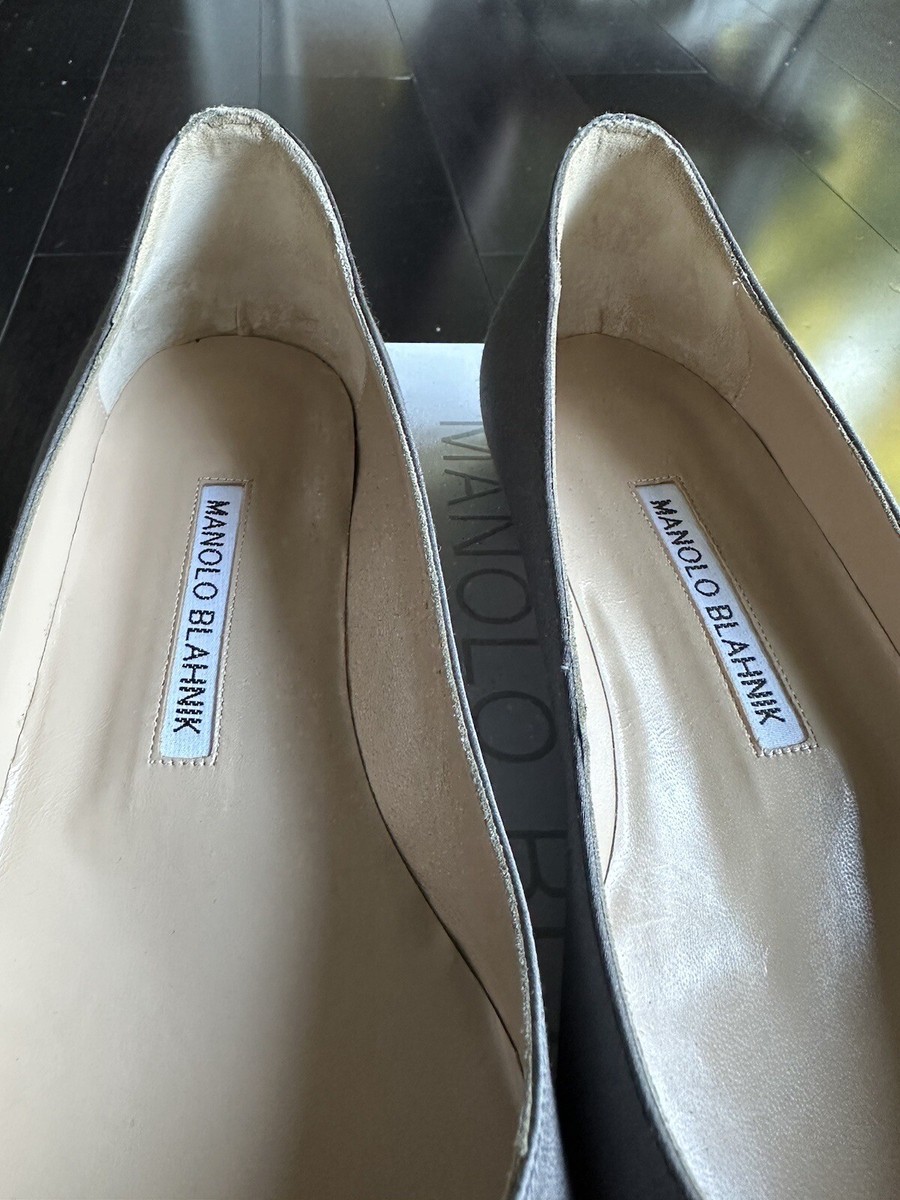 Manolo Blahnik Hangisi Flat 37.5 Silver Grey Satin New In Box | eBay