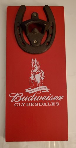 Wandhalterung Bier Flaschenöffner Budweiser Clydesdales Hufeisen Bar Mancave Neu
