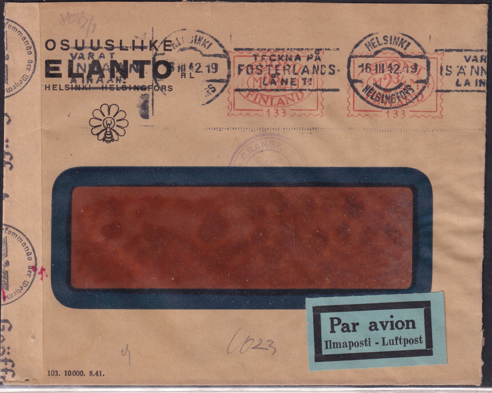 FINLAND 1942, 2.75 M. (2 x) METRES OF POST as Rare MeF on Cab. AIRMAIL CENSORSHIP