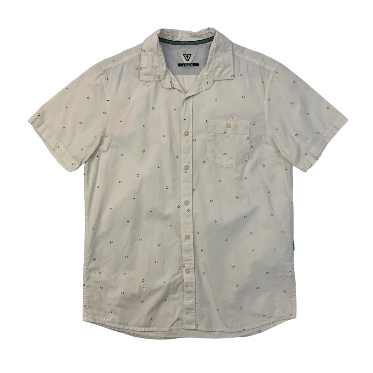Vissla Button Down Shirt Mens M Medium Cream Printed Short Sleeve