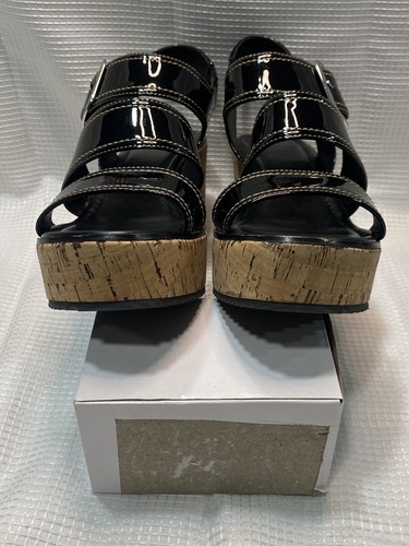 Donald J. Pliner women Sandals Black Patent Leather Cork Wedge Irving sz 11 new - Picture 4 of 10