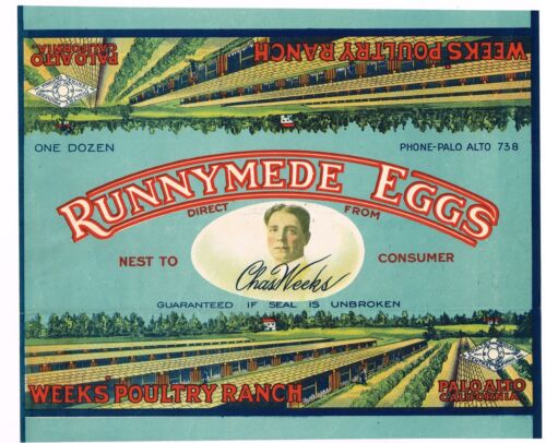 ORIGINAL C1910S EGG CRATE LABEL VINTAGE PALO ALTO RUNNYMEDE WEEKS POULTRY RANCH