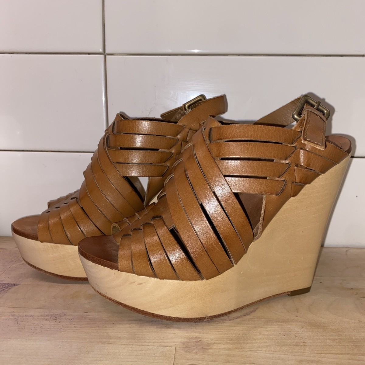 ASH Oman Sandals 5.5 Tan Leather Huarache Slingback Open Toe Wood Platform Wedge | eBay