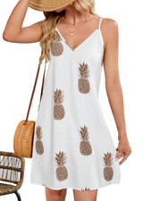 SheIn Dress White Pineapple Print Double V Neck Sleeveless Polyester White Large