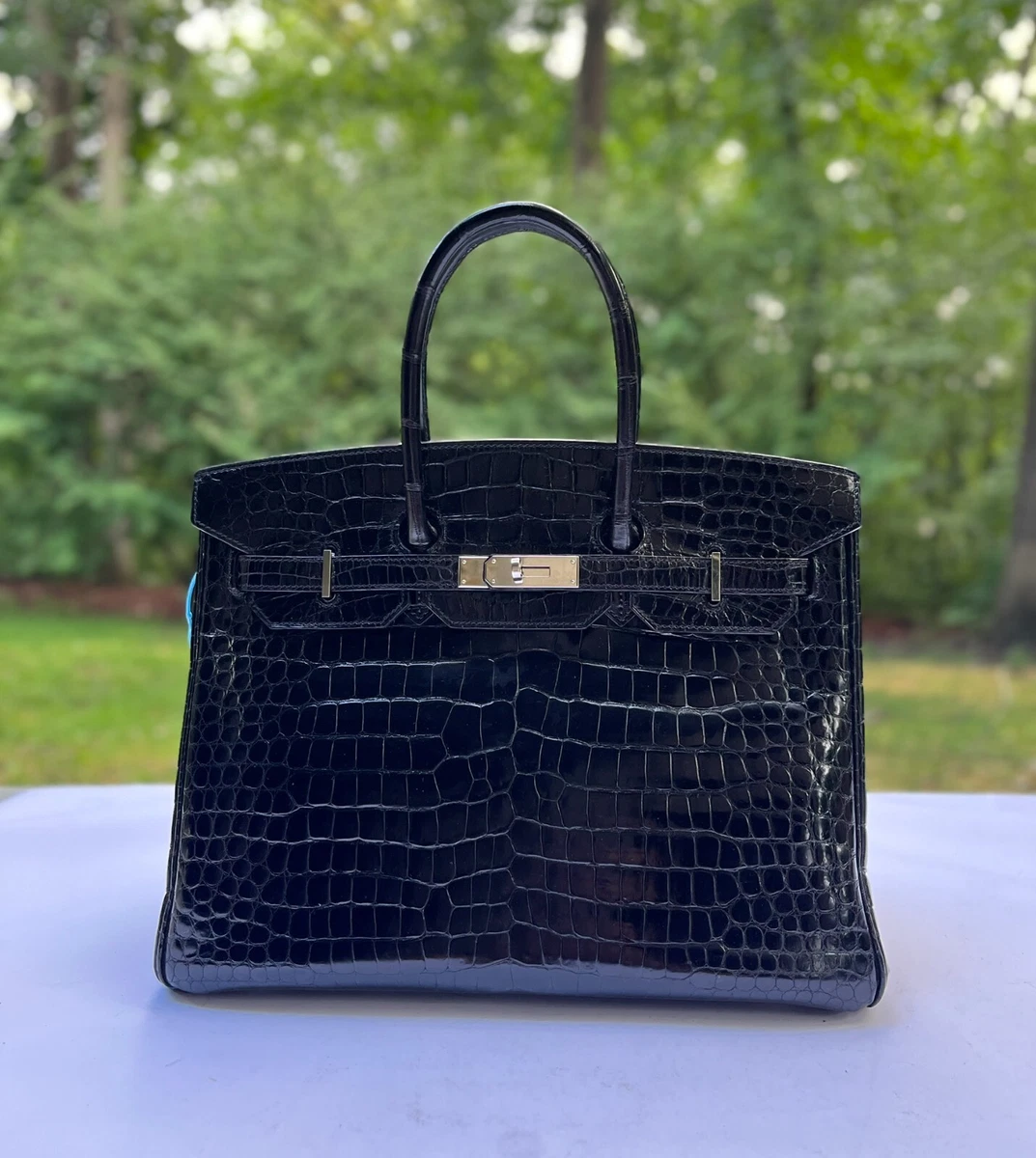 Hermes Shiny Porosus Crocodile Skin Birkin 35 w Palladium HW in Noir or  Black